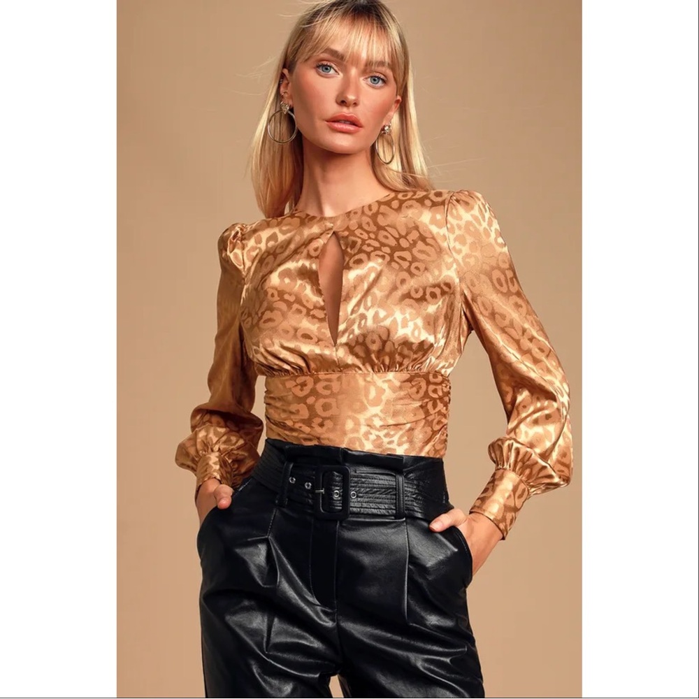 J.O.A. Humble Brag Tan Satin Leopard Print Tie-Back Crop Top